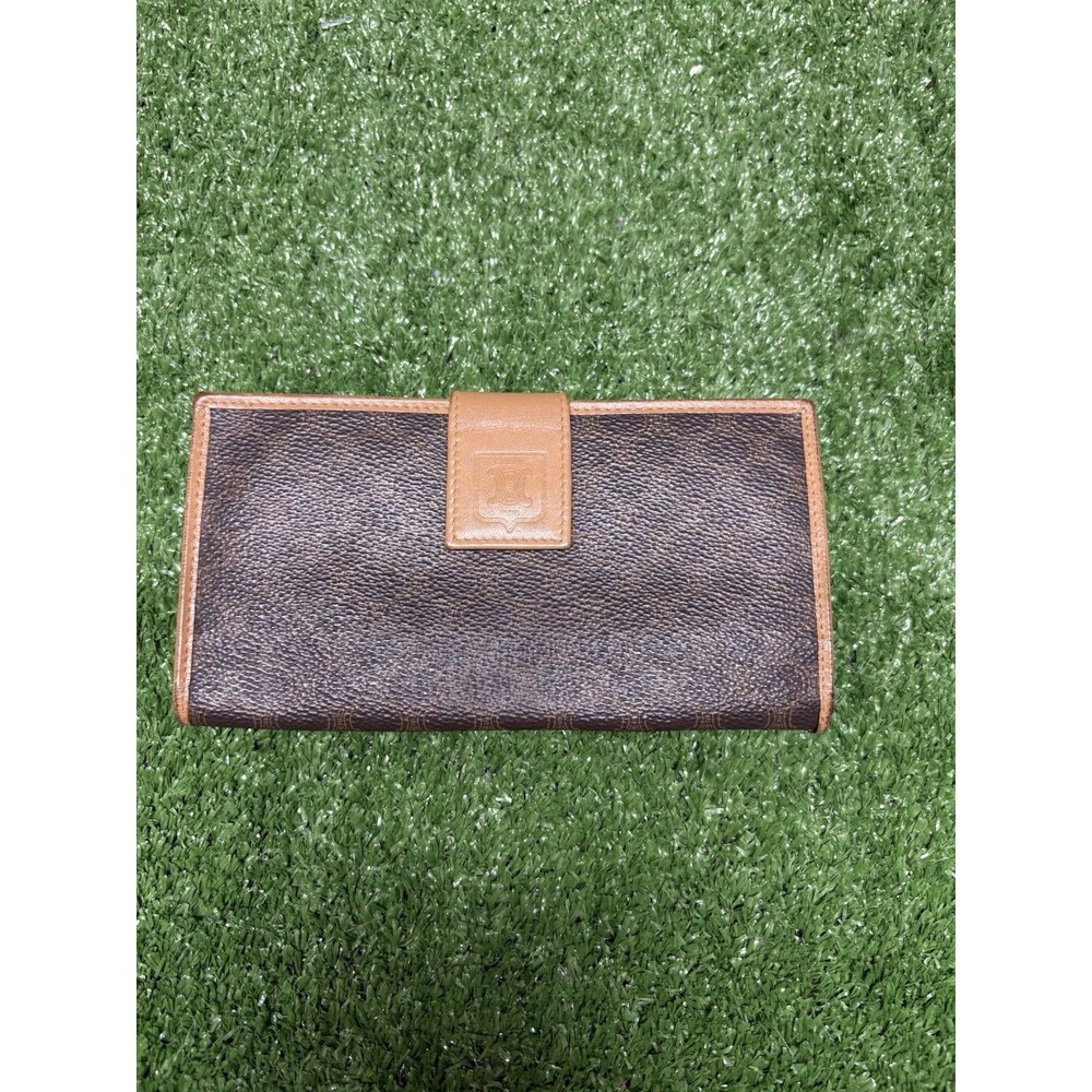 AUTHENTIC CELINE VINTAGE MACADAM LEATHER LONG SNAP WALLET BROWN